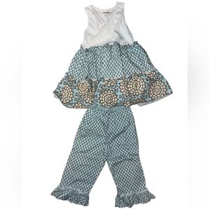 Sweet Tea Girls Tiered Ruffle Dress & Polka Dot Pants Set - Size 10 - Blue/Brown